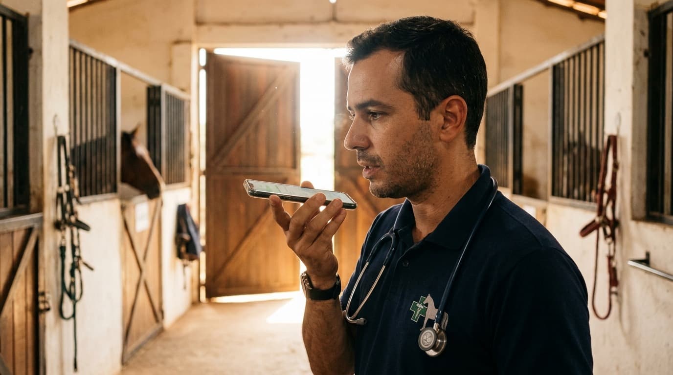 Veterinário gravando um áudio no celular dentro da cocheira