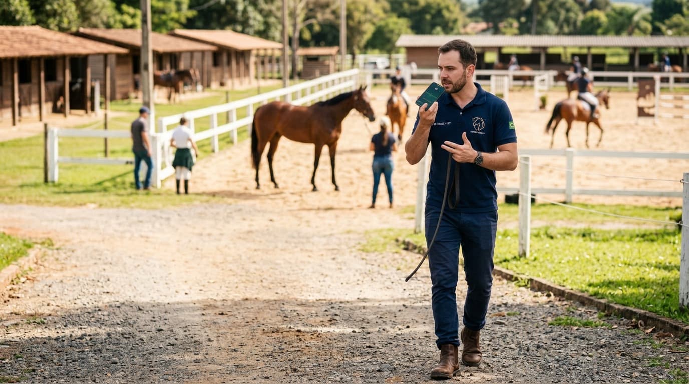 Veterinário caminhando na hípica e falando ao celular
