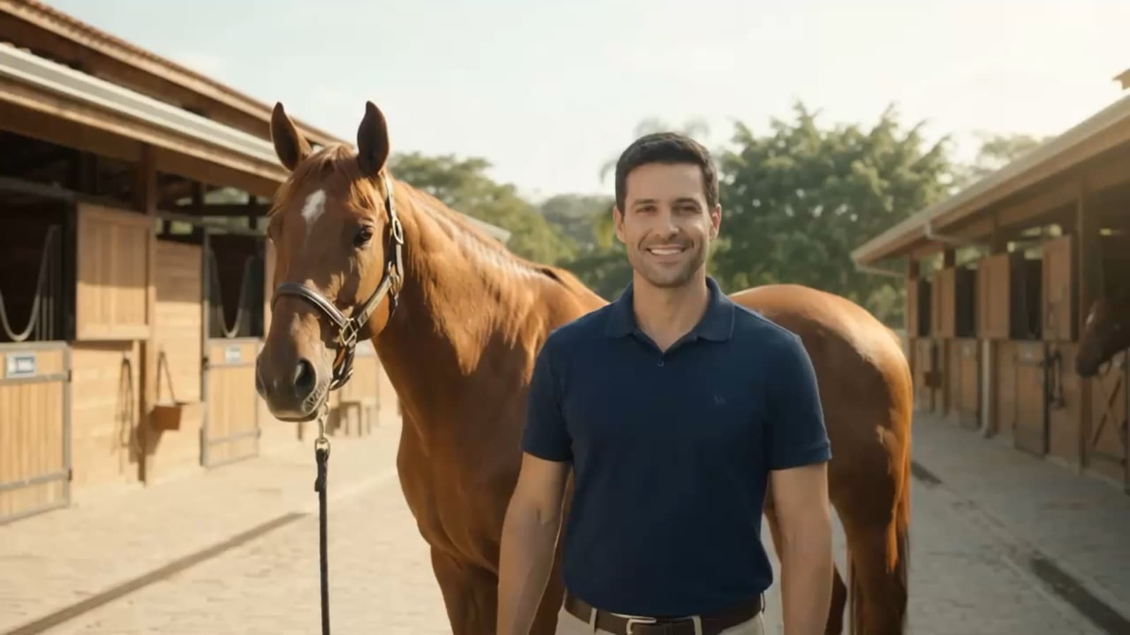 Veterinário sorrindo ao lado de um cavalo alazão