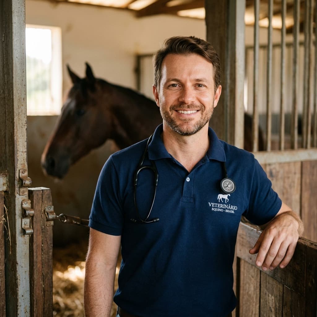 Veterinário sorrindo encostado na porta de uma baia