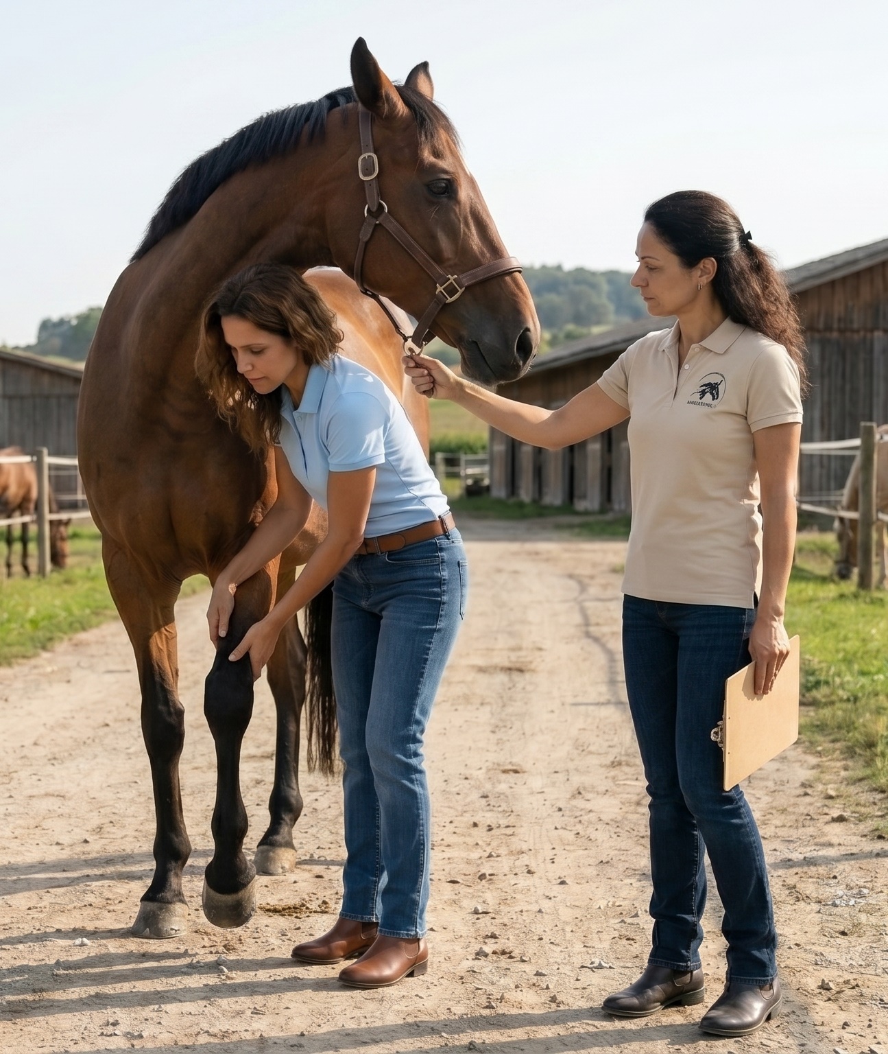 Veterinária examinando a perna de um cavalo ao lado de uma secretária em um haras